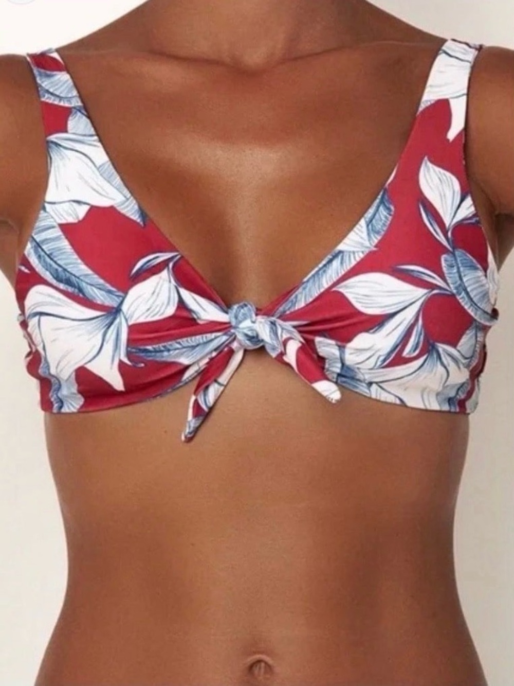 Tie-Front Floral Bikini Top - Red/White/Blue